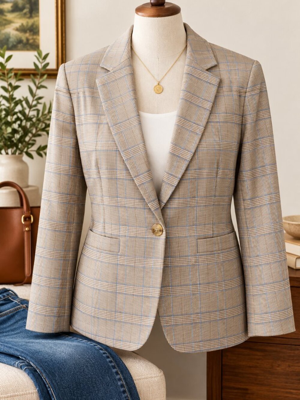 Chaps Tan Plaid Blazer Size 16 NWT Blue Windowpane Preppy Career Jacket